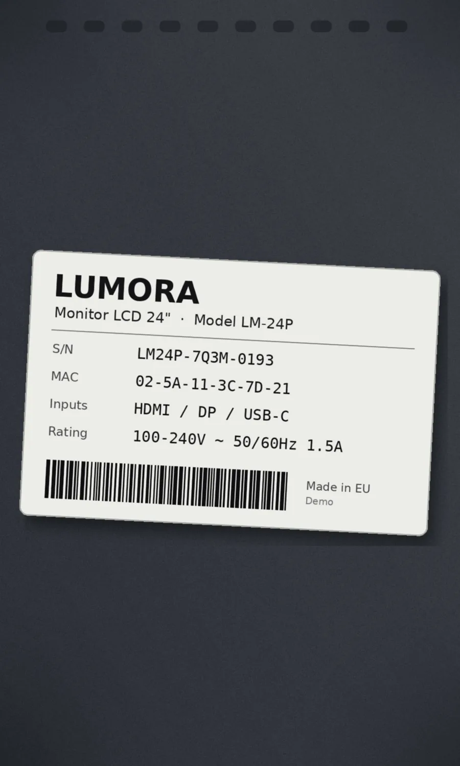 Rating plate of a fictitious monitor